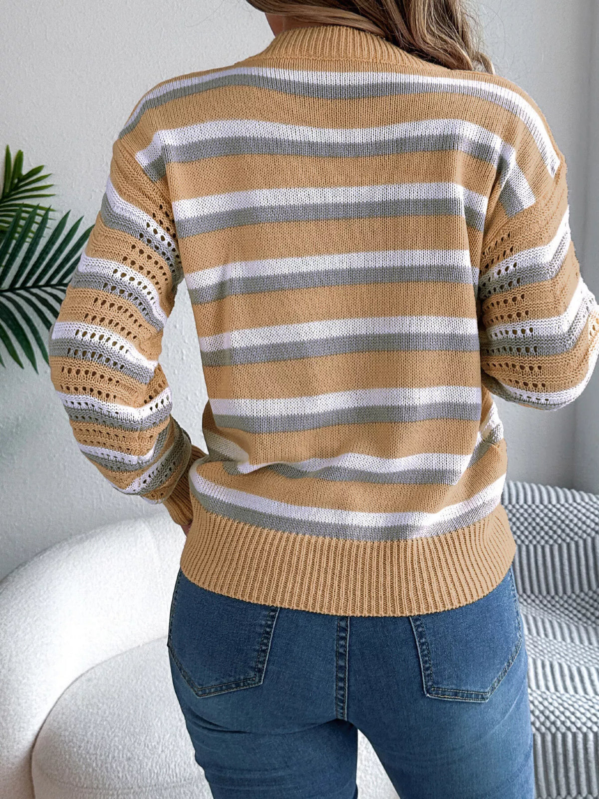 Striped Round Neck Long Sleeve Sweater (17)