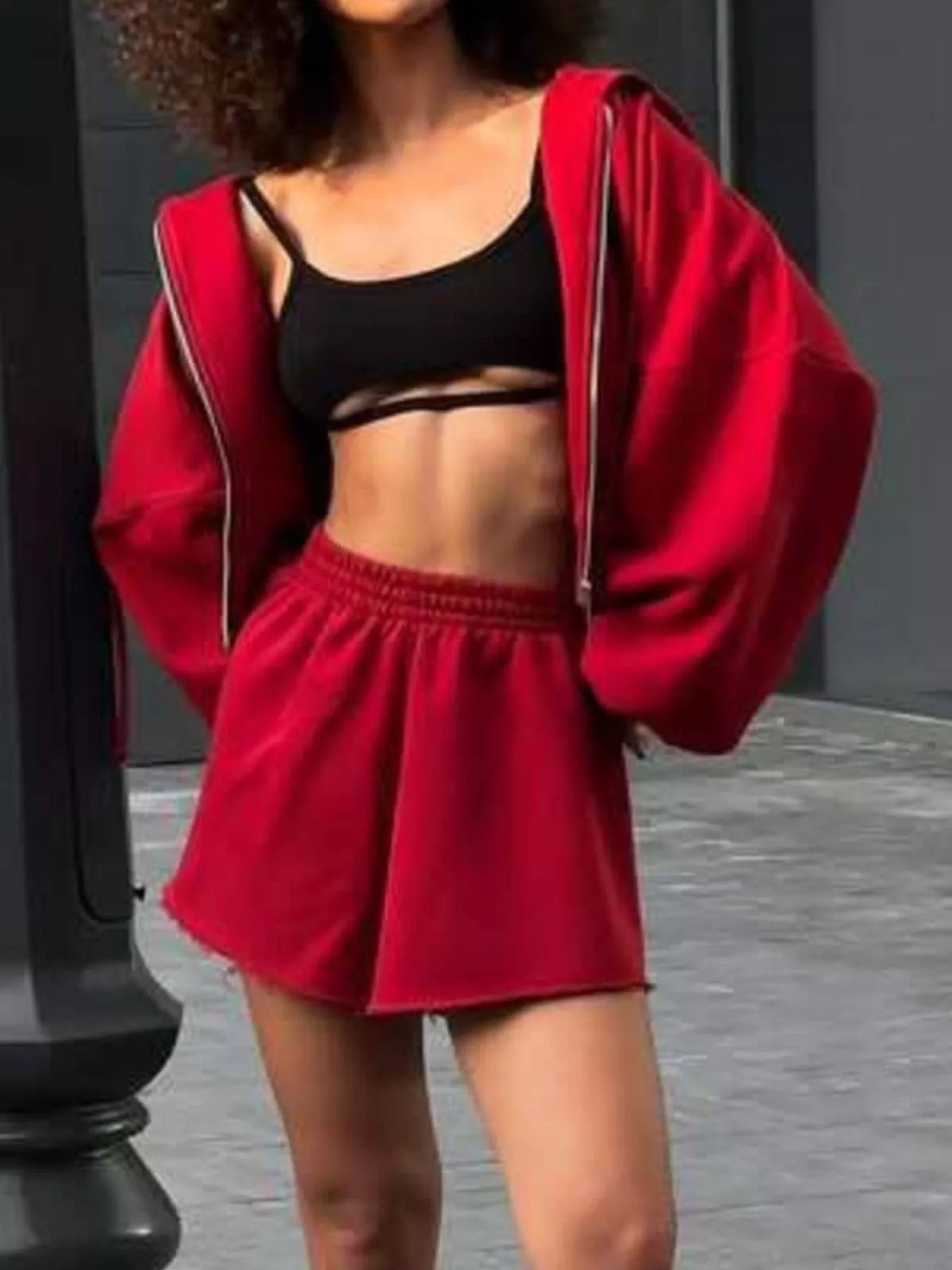 Oversized Zip-up Hoodie Shorts Set (20)