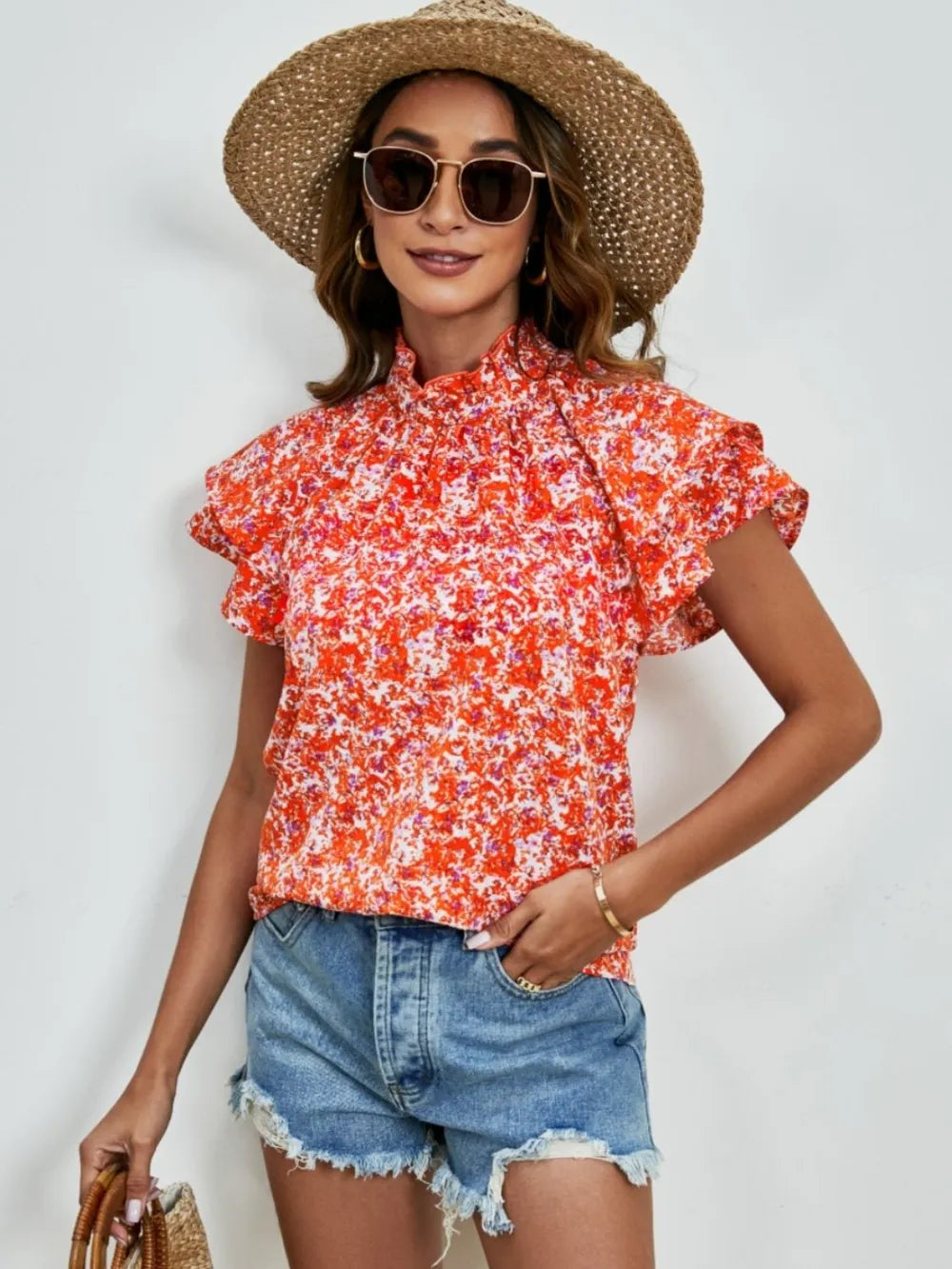 Ditsy Floral Mock Neck Flounce Sleeve Blouse (11)