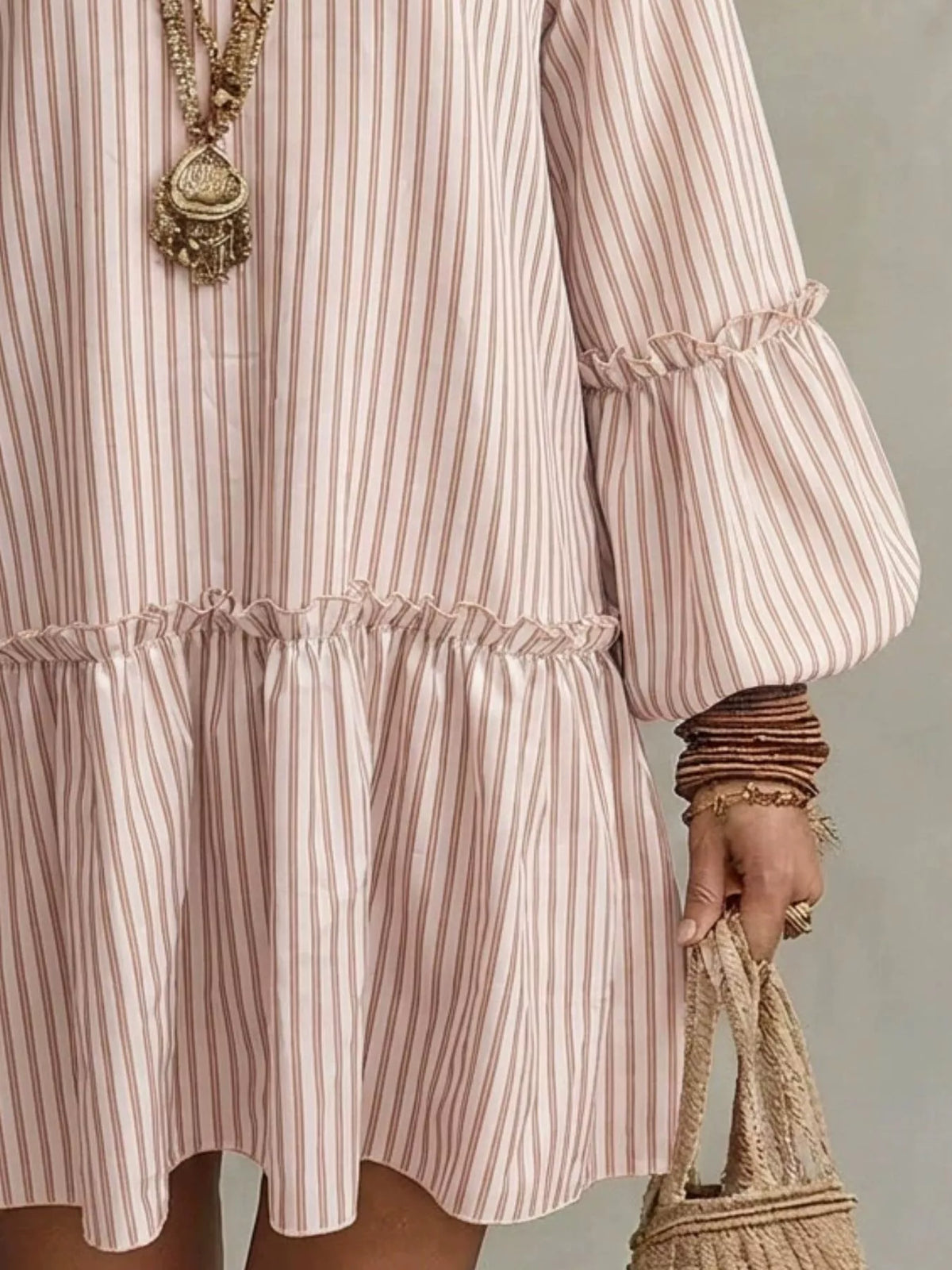 Full Size Striped Balloon Sleeve Mini Dress Plus (2)
