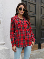Plaid Collared Neck Buttoned Shirt Pockets (7)