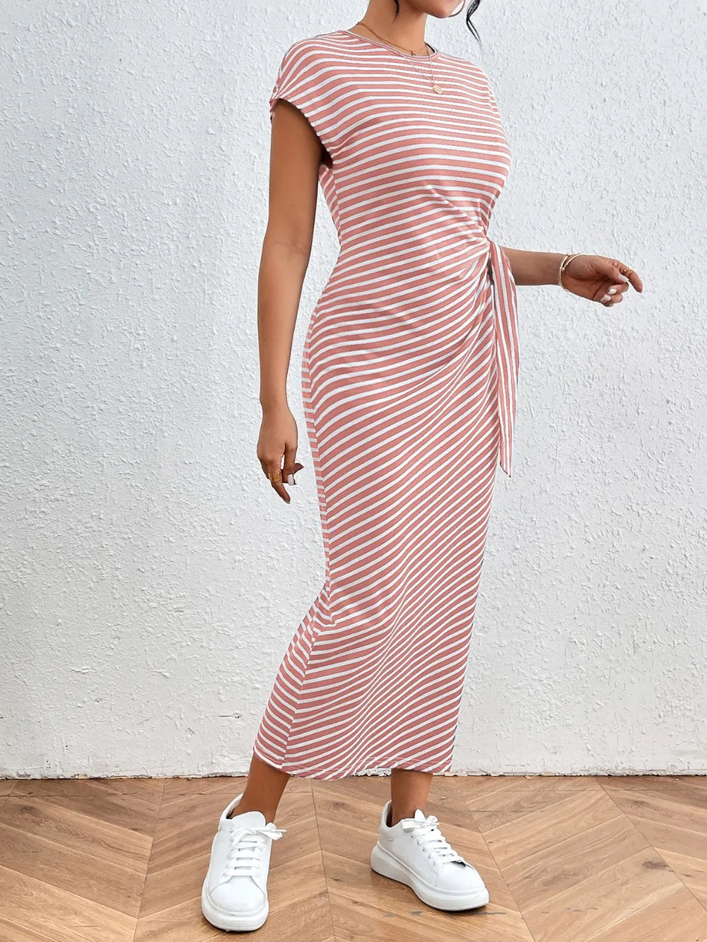 Tied Striped Round Neck Short Sleeve Tee Dress (17)