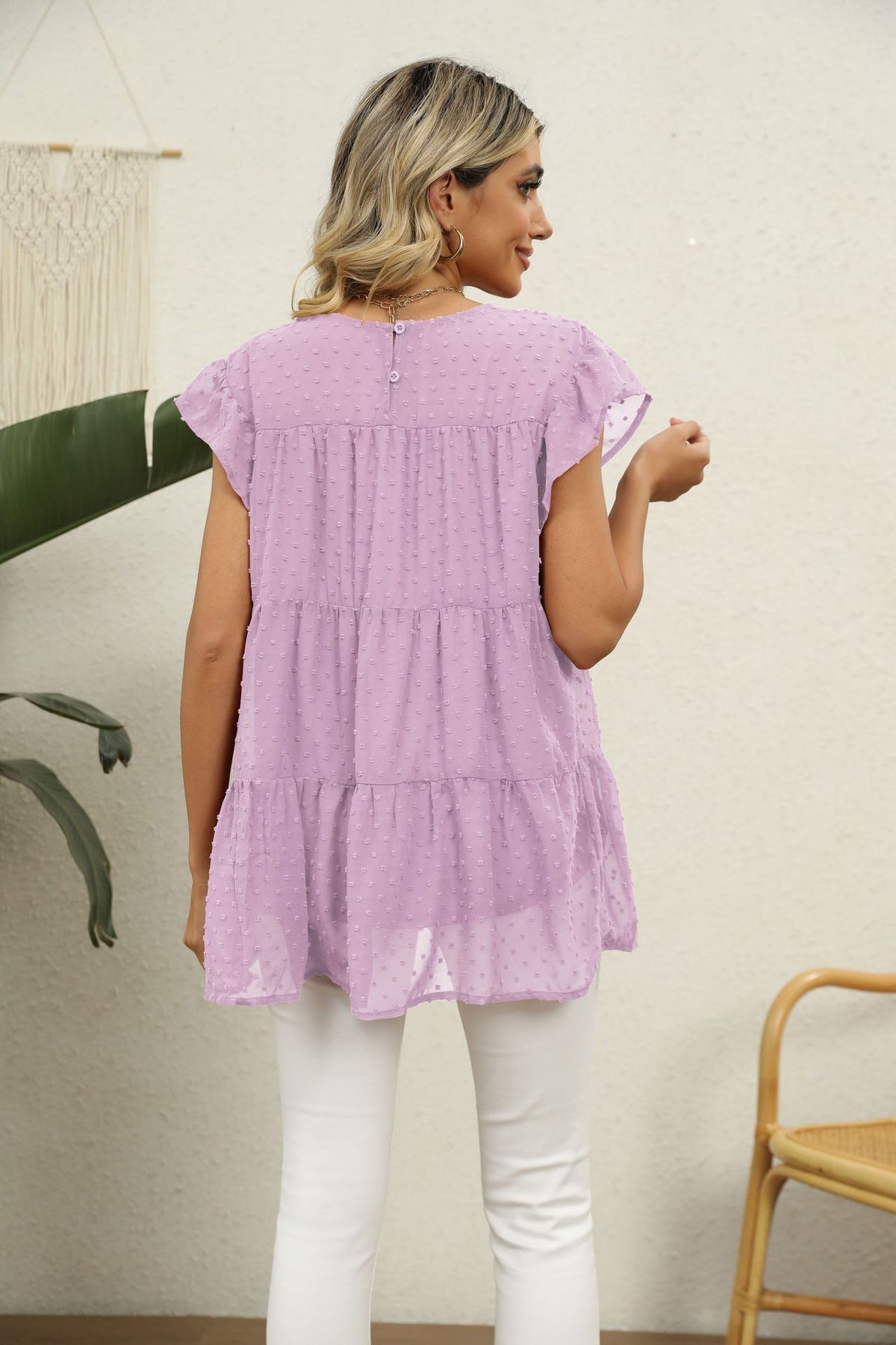 Swiss Dot Round Neck Tiered Blouse (2)