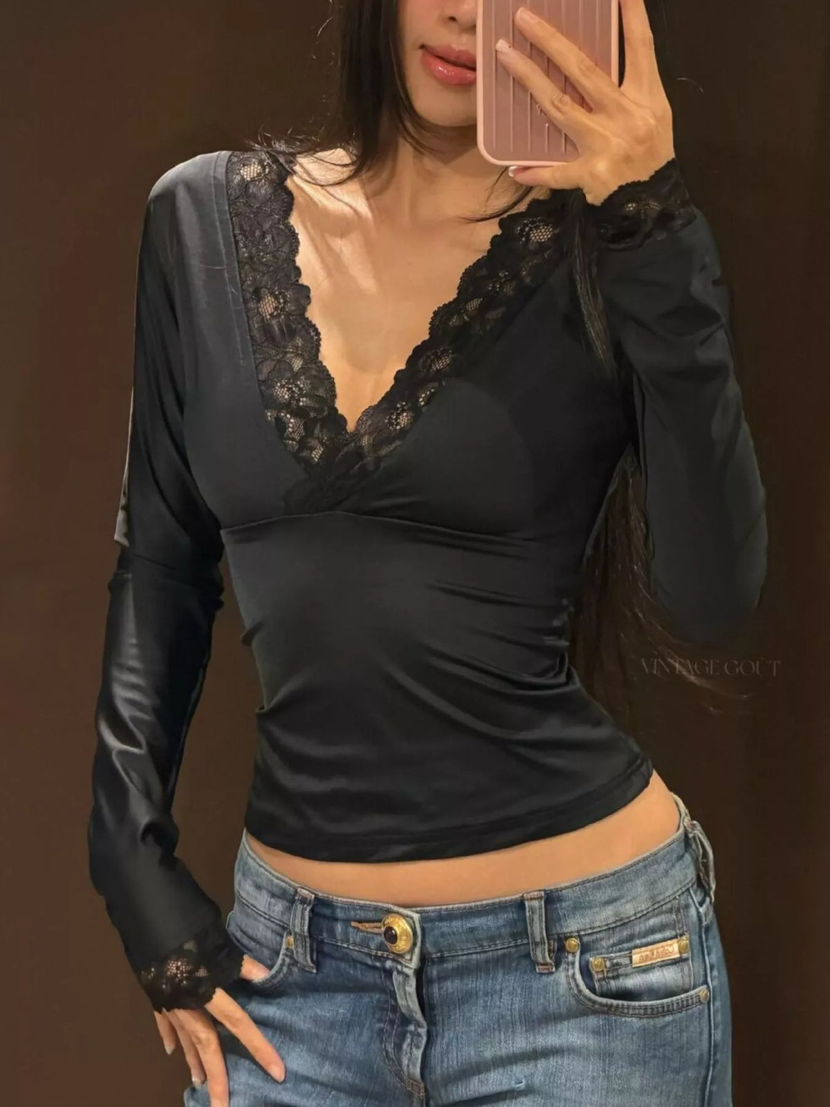 Lace-trimmed Long Sleeves Wrap Blouse (8)
