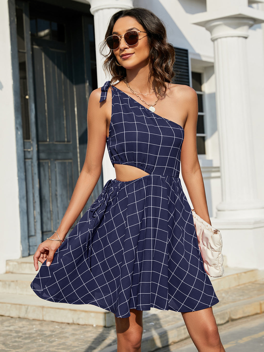 Grid One-shoulder Tied Cutout Dress (7)