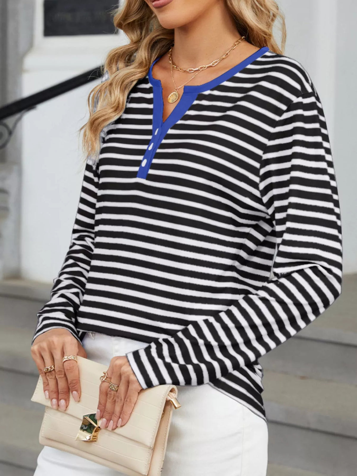 Striped Long Sleeve Henley T-shirt (4)