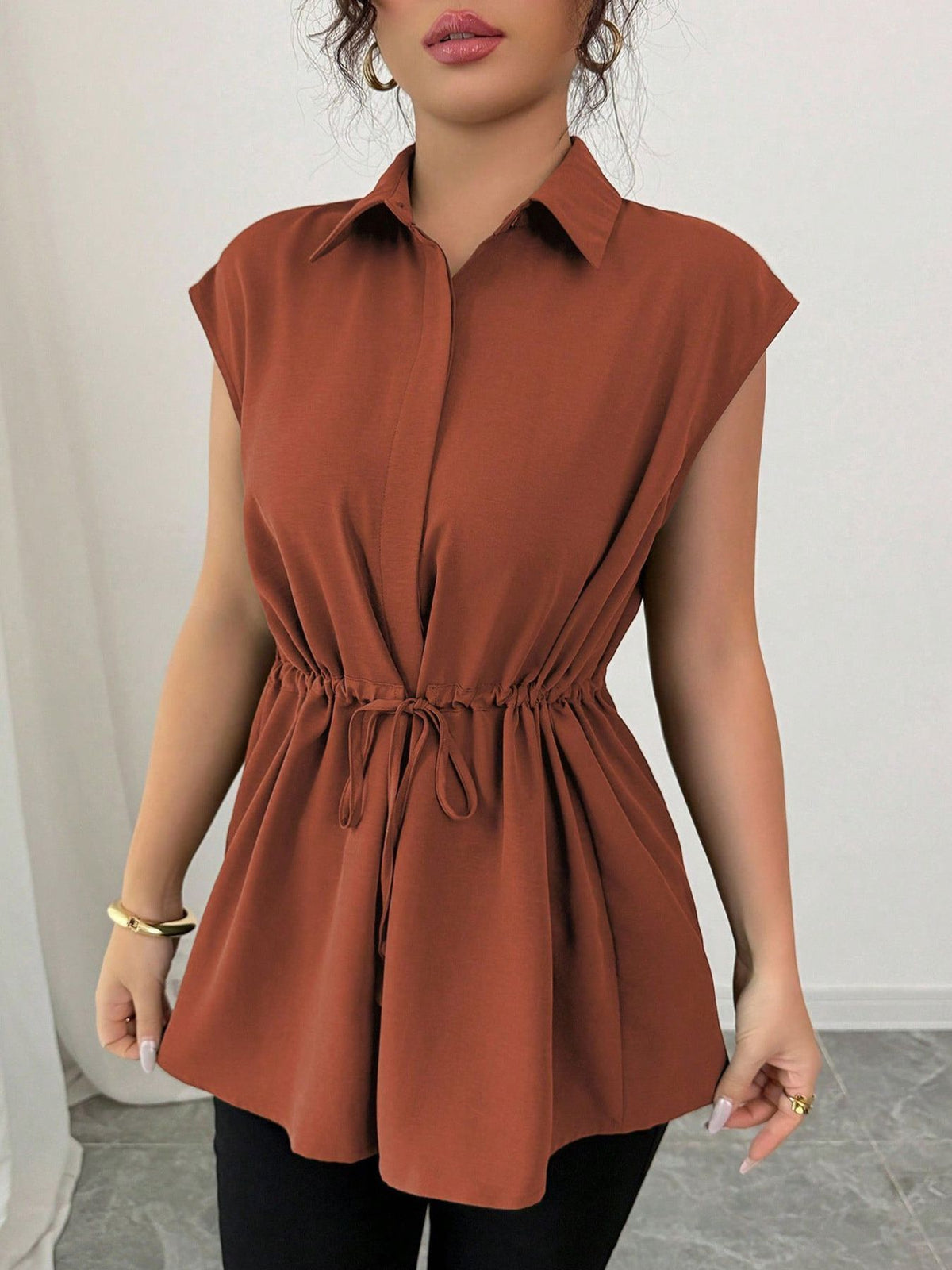 Drawstring Waist Cap Sleeve Shirt (27)