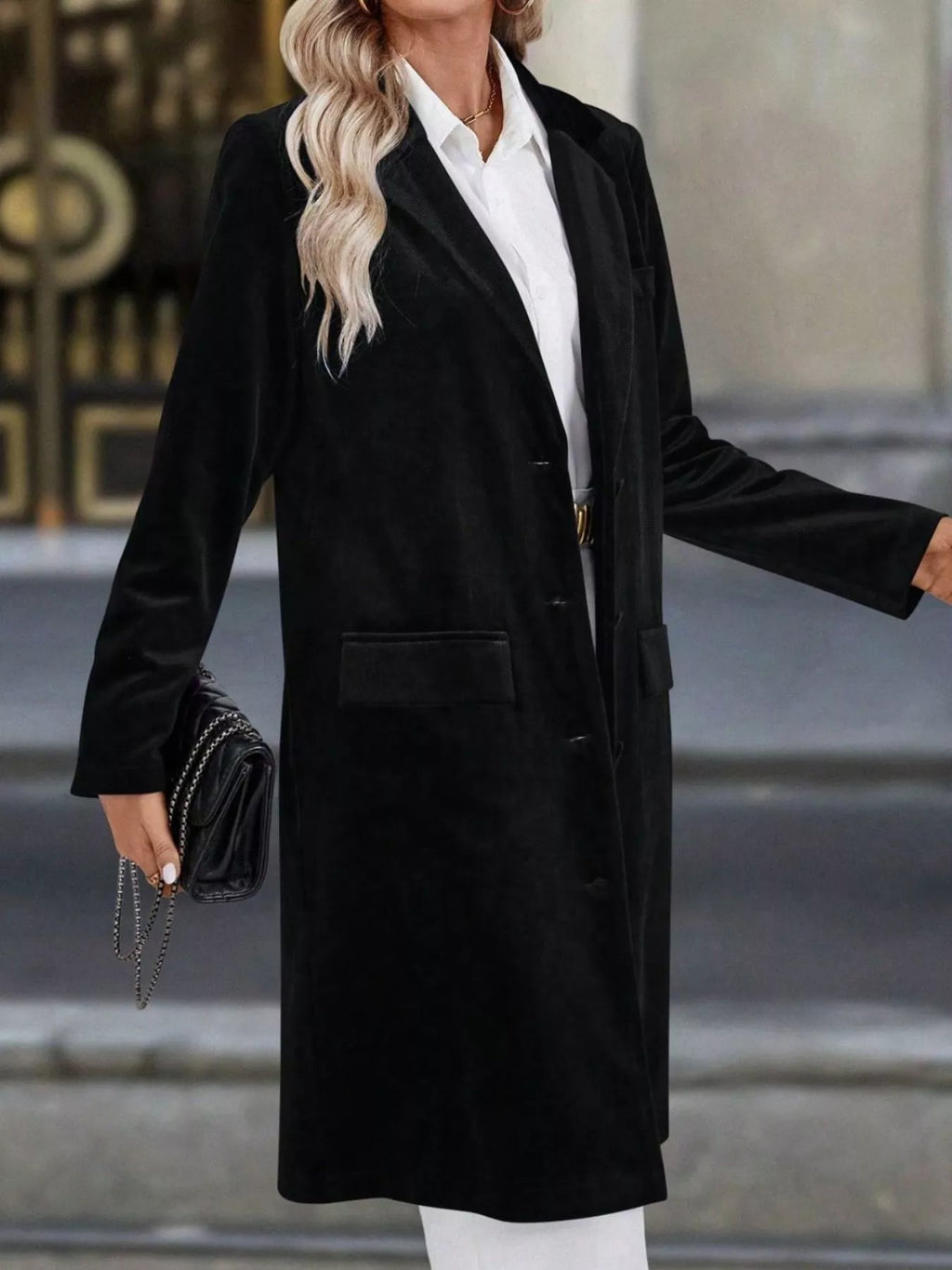 Lapel Collar Long Sleeve Longline Coat (11)