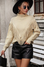 Turtle Neck Tassel Front Long Sleeve Pullover Sweater (20)