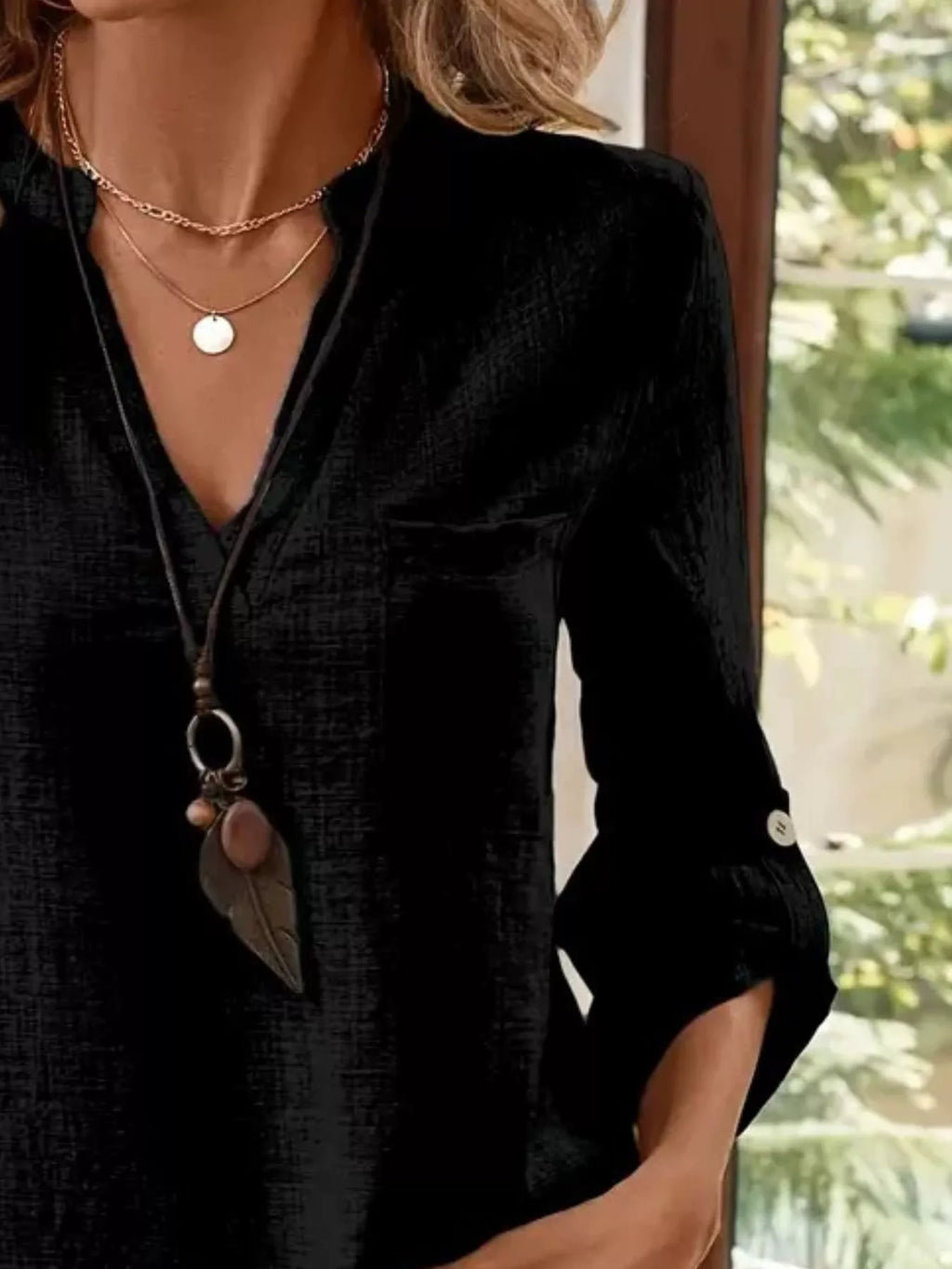 Casual V-neck Roll-sleeve T-shirt Pocket (6)