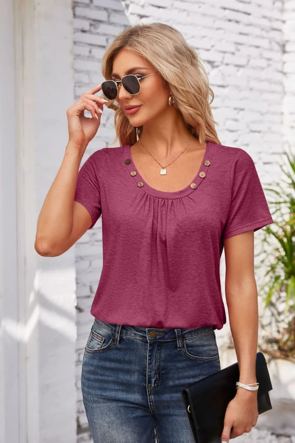 Decorative Button Scoop Neck T-shirt (32)