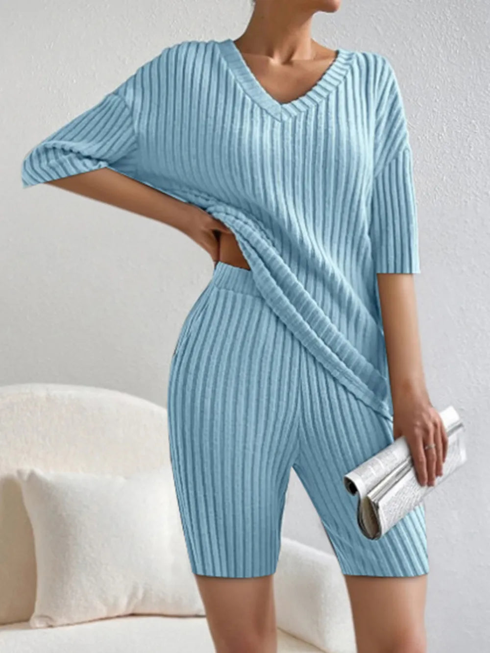 Ribbed V-neck Top Shorts Set (11)