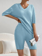 Ribbed V-neck Top Shorts Set (11)