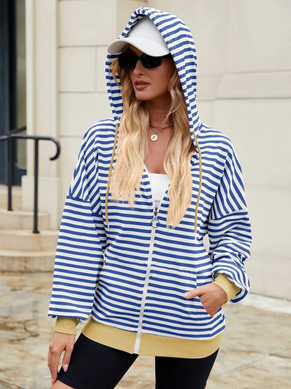 Drawstring Striped Zip Up Long Sleeve Hoodie (21)