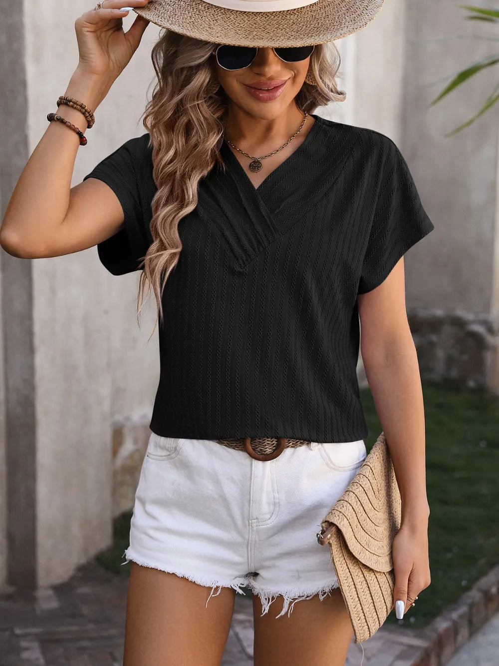 Textured Surplice Short Sleeve Blouse (21)