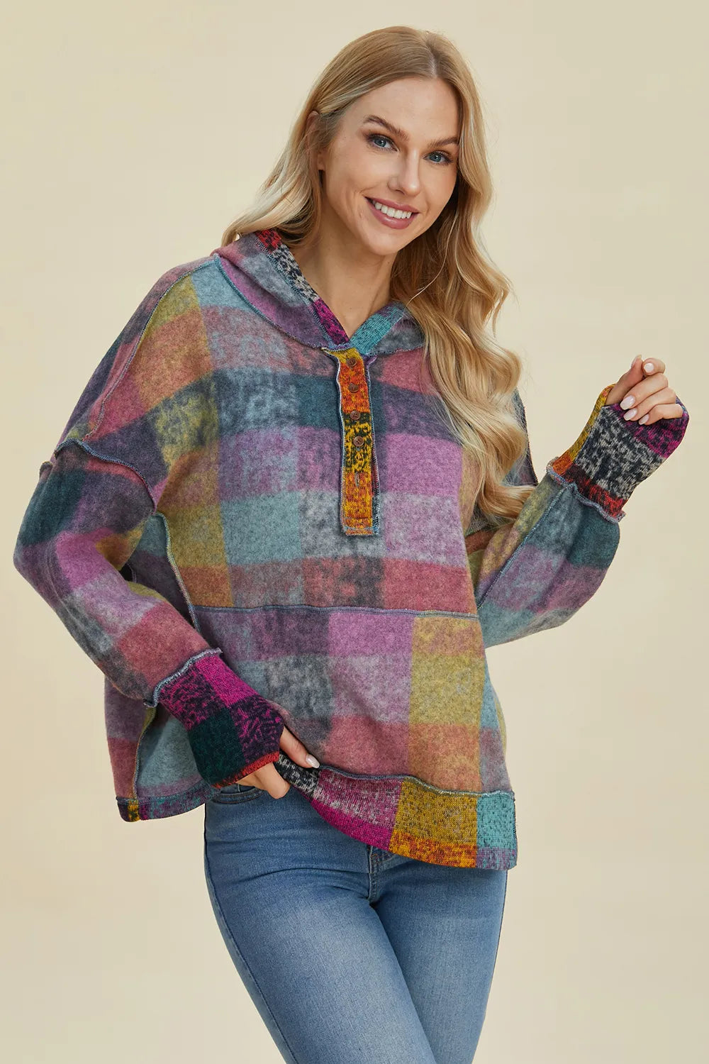 Full Size Plaid Dropped Shoulder Fleece Hoodie Plus (20)