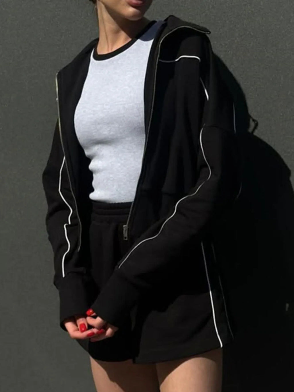 Zip Up Long Sleeve Top Shorts Set (19)