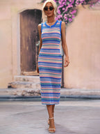 Striped Round Neck Sleeveless Midi Cover Up Dress (8)