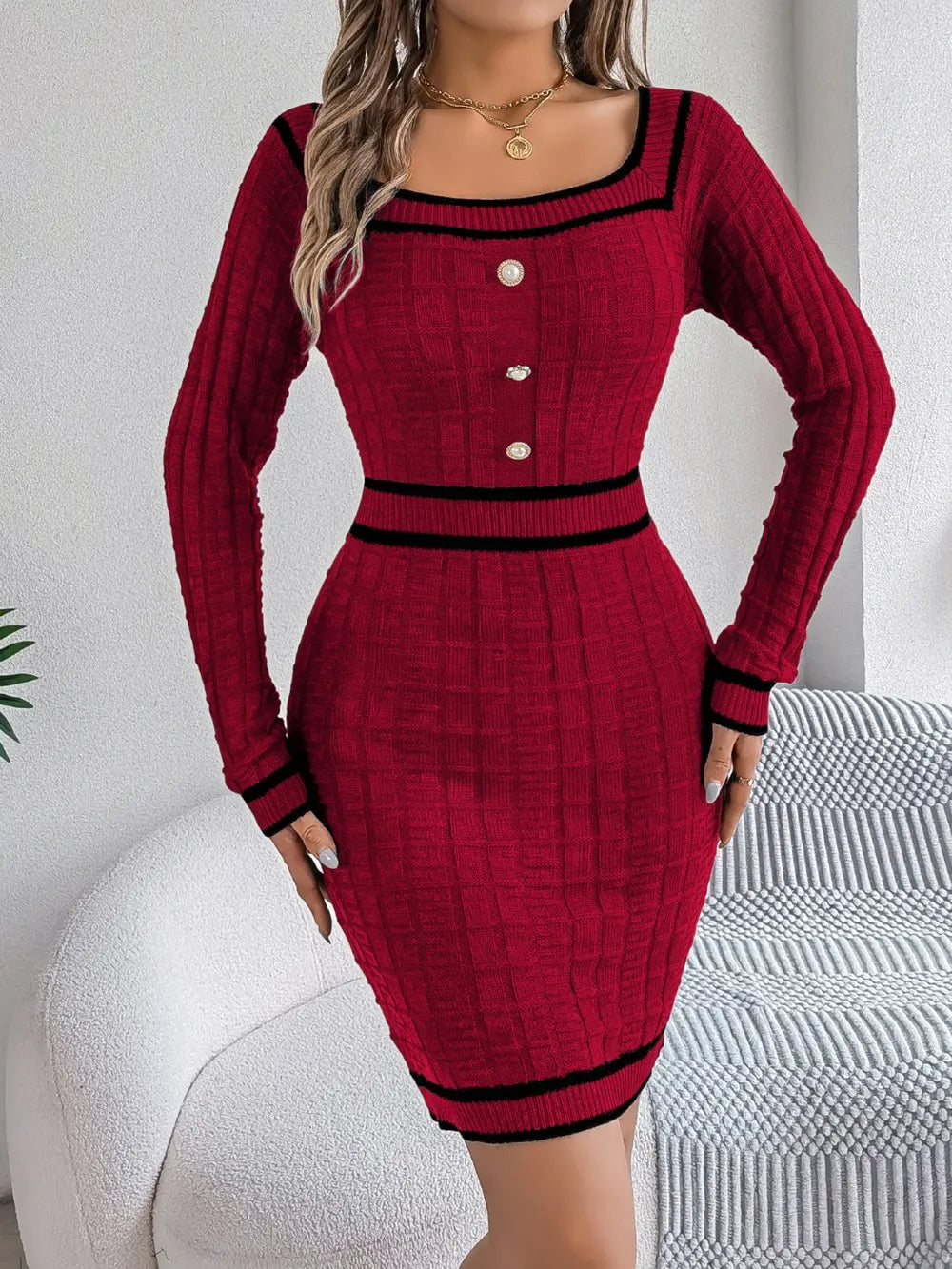 Contrast Trim Long Sleeve Sweater Dress (2)