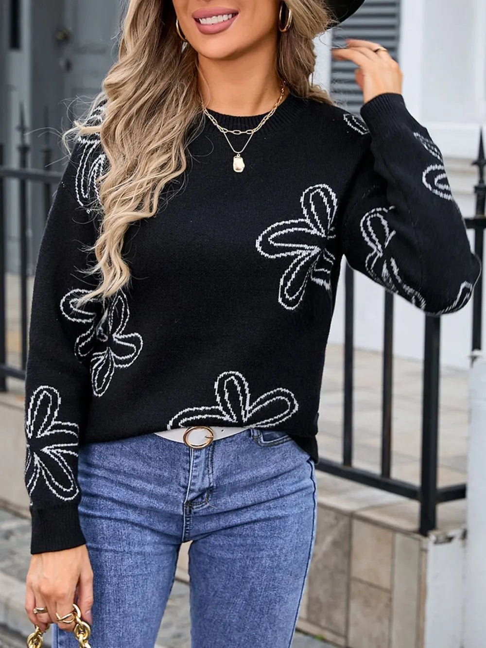 Flower Round Neck Dropped Shoulder Sweater (9)