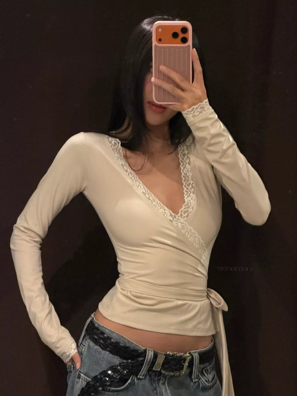 Lace-trimmed Long Sleeves Wrap Blouse (3)