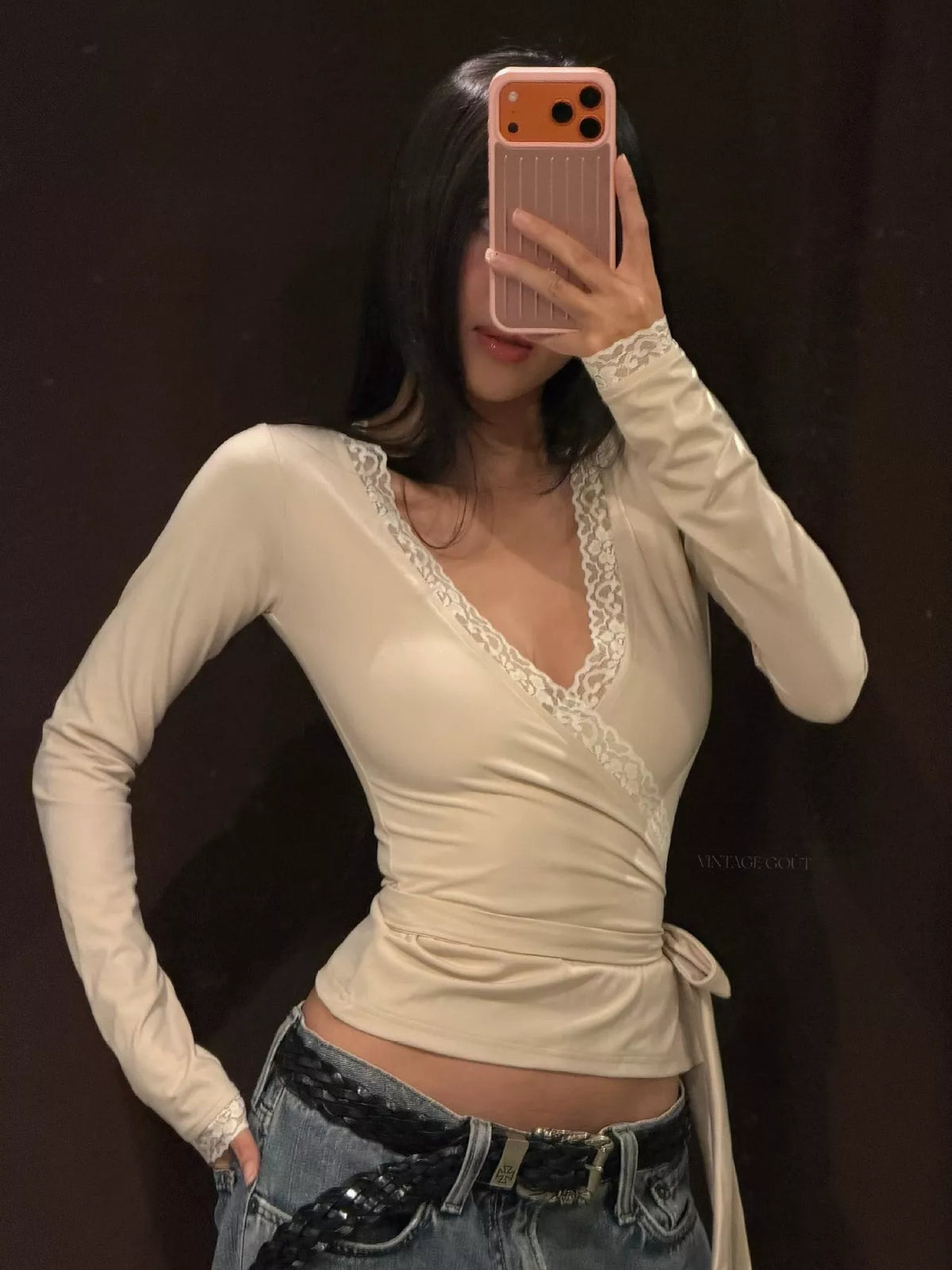 Lace-trimmed Long Sleeves Wrap Blouse (3)