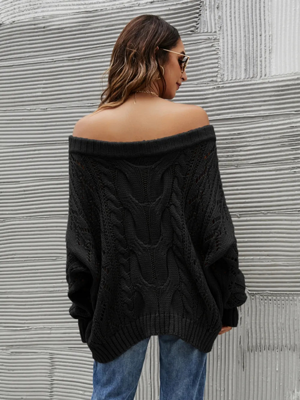 Cable Knit Openwork Off-shoulder Sweater (12)