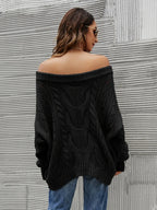 Cable Knit Openwork Off-shoulder Sweater (12)