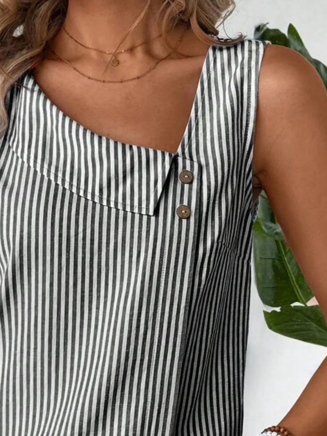 Decorative Button Asymmetrical Striped Tank (16)