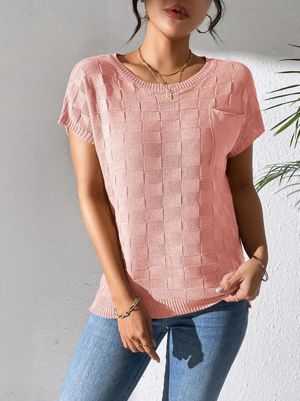 Round Neck Short Sleeve Knit Top (21)