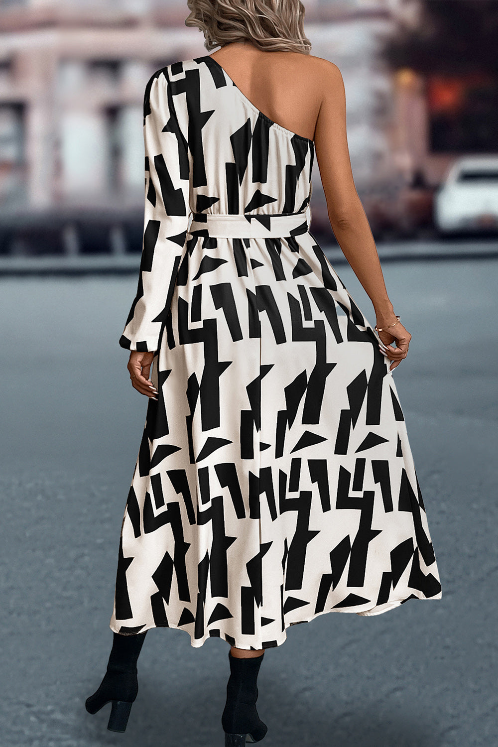 Printed One-shoulder Tie Waist Dress (2)