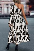 Printed One-shoulder Tie Waist Dress (2)