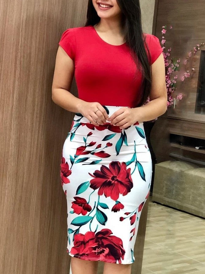 Printed Office Midi Pencil Dress Large variant CJNSSYLY02190-gules-XL|CJNSSYLY02190-gules-XXL|CJNSSYLY02190-gules-M|CJNSSYLY02190-gules-S|CJNSSYLY02190-gules-XXXL|CJNSSYLY02190-gules-L