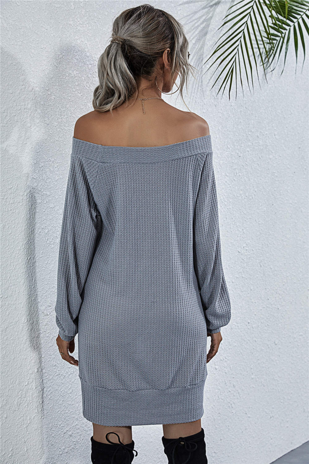 Waffle-knit Boat Neck Mini Dress (2)