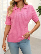 Cable Knit Johnny Collar Half Sleeve Sweater (11)