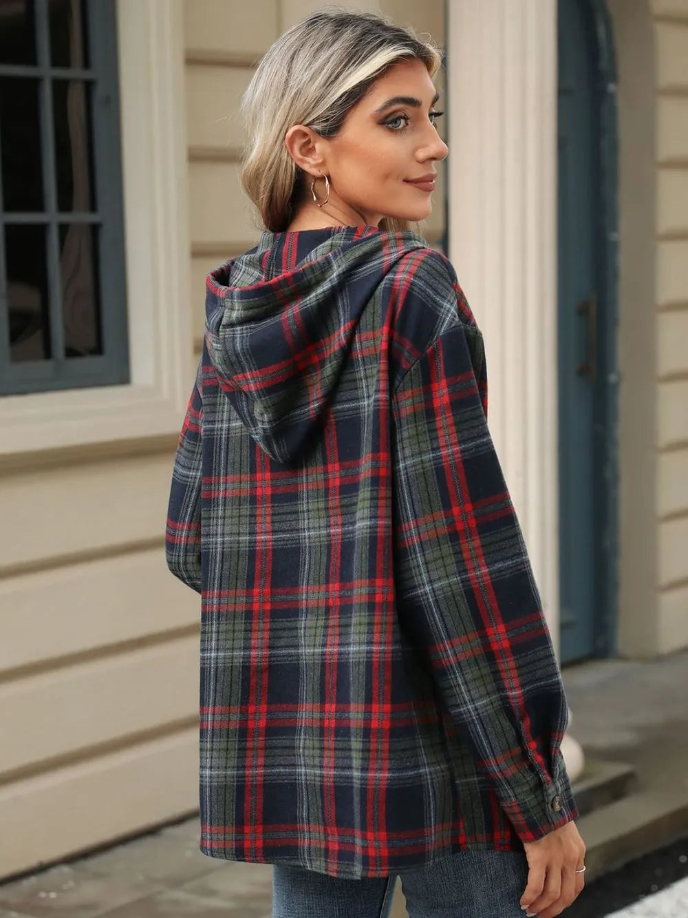 Drawstring Plaid Hooded Long Sleeve Top (12)