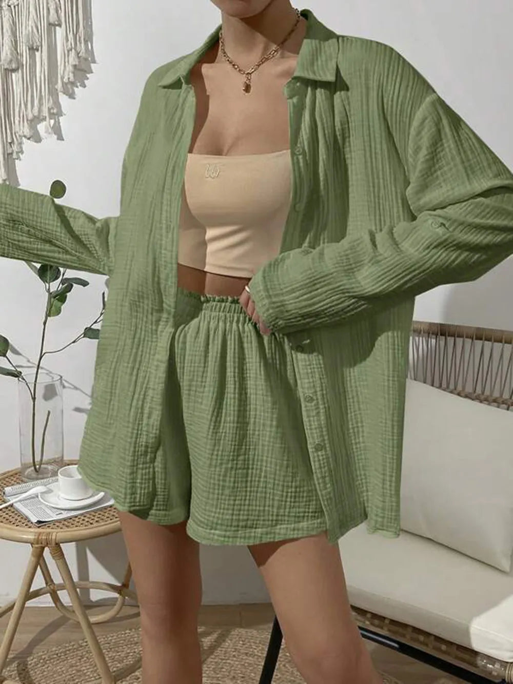 Dropped Shoulder Button Up Top Elastic Waist Shorts Set (29)