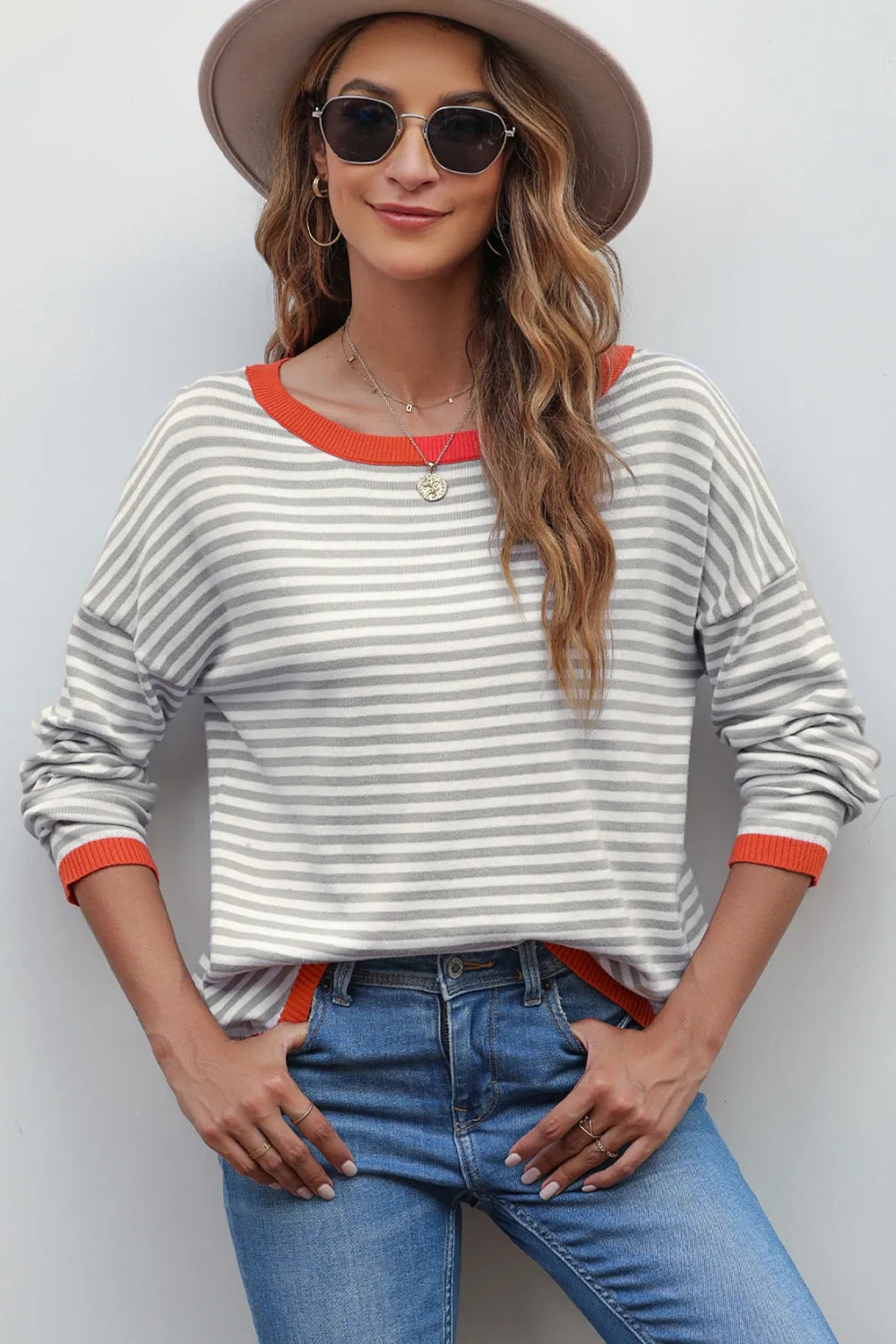 Striped Round Neck Drop Shoulder T-shirt (15)