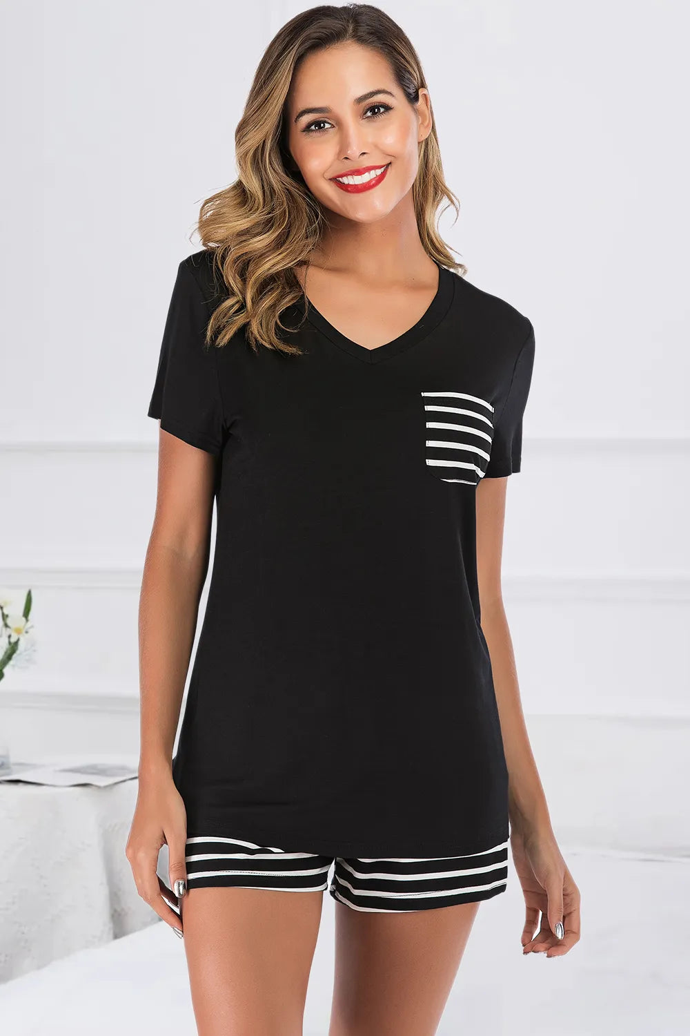 Striped Short Sleeve Top Shorts Lounge Set (5)