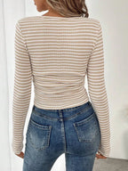 Striped Square Neck Long Sleeve T-shirt (2)