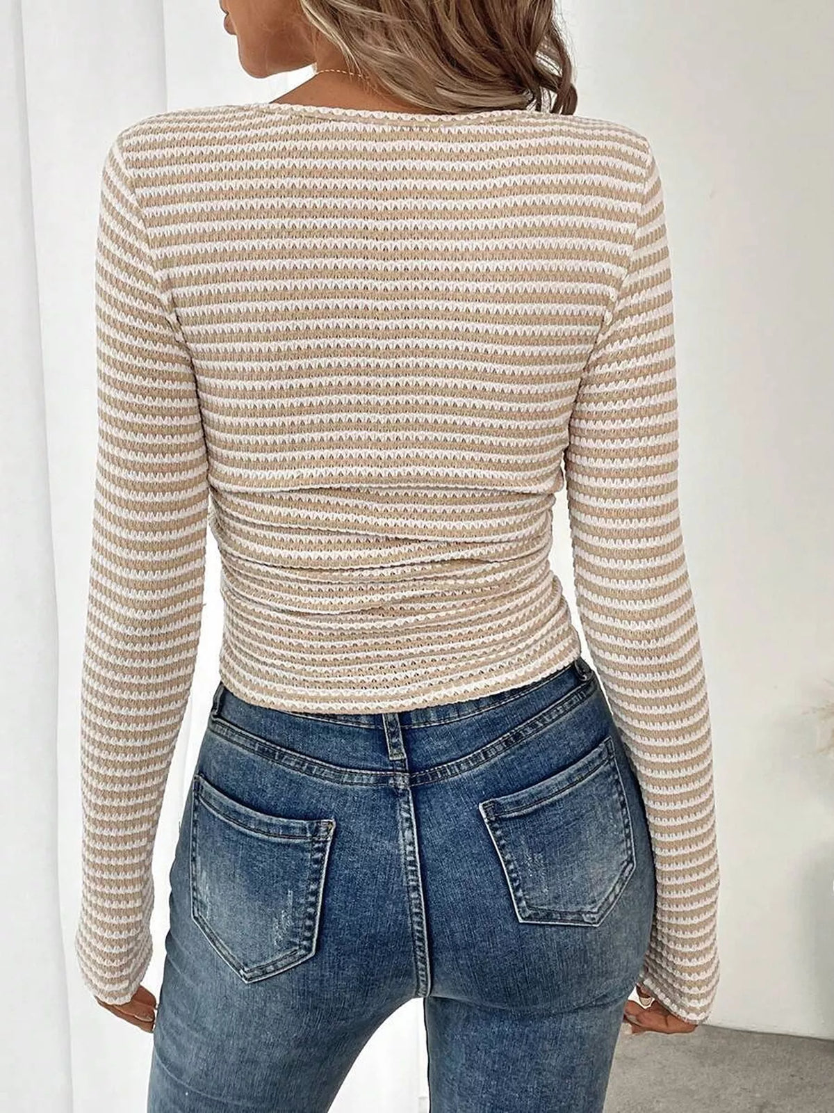 Striped Square Neck Long Sleeve T-shirt (2)
