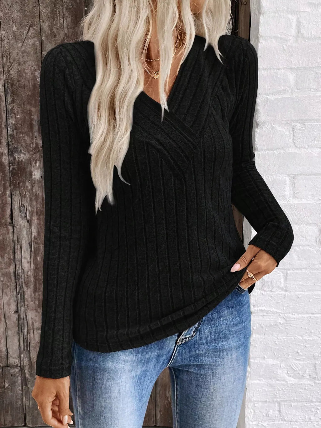 Ribbed V-neck Long Sleeve T-shirt (13)