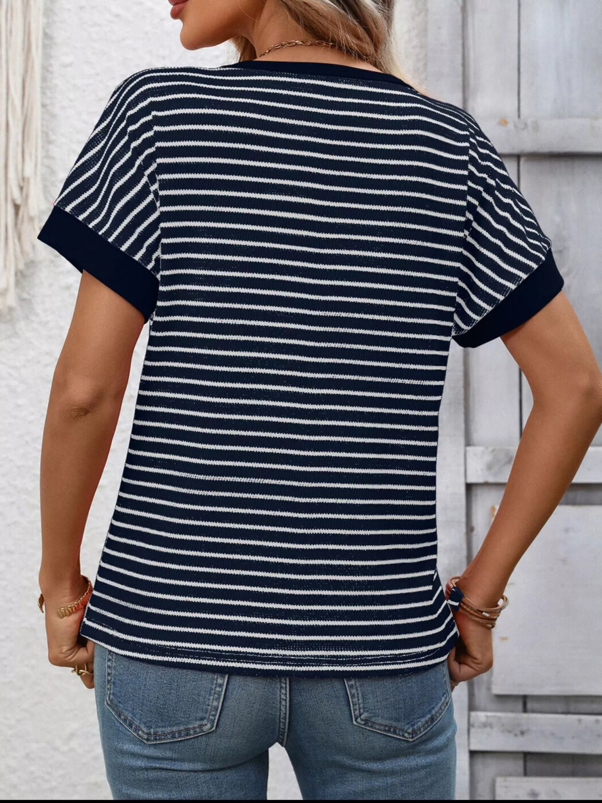 Striped Ribbed Knit Short Sleeve T-shirt (16)