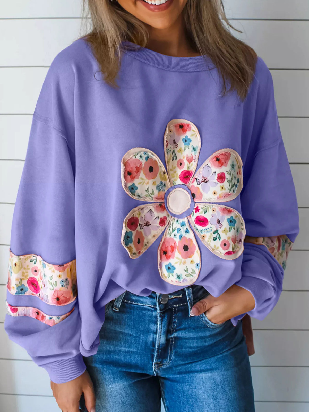 Plus Size Floral Applique Drop Shoulder Sweatshirt (9)