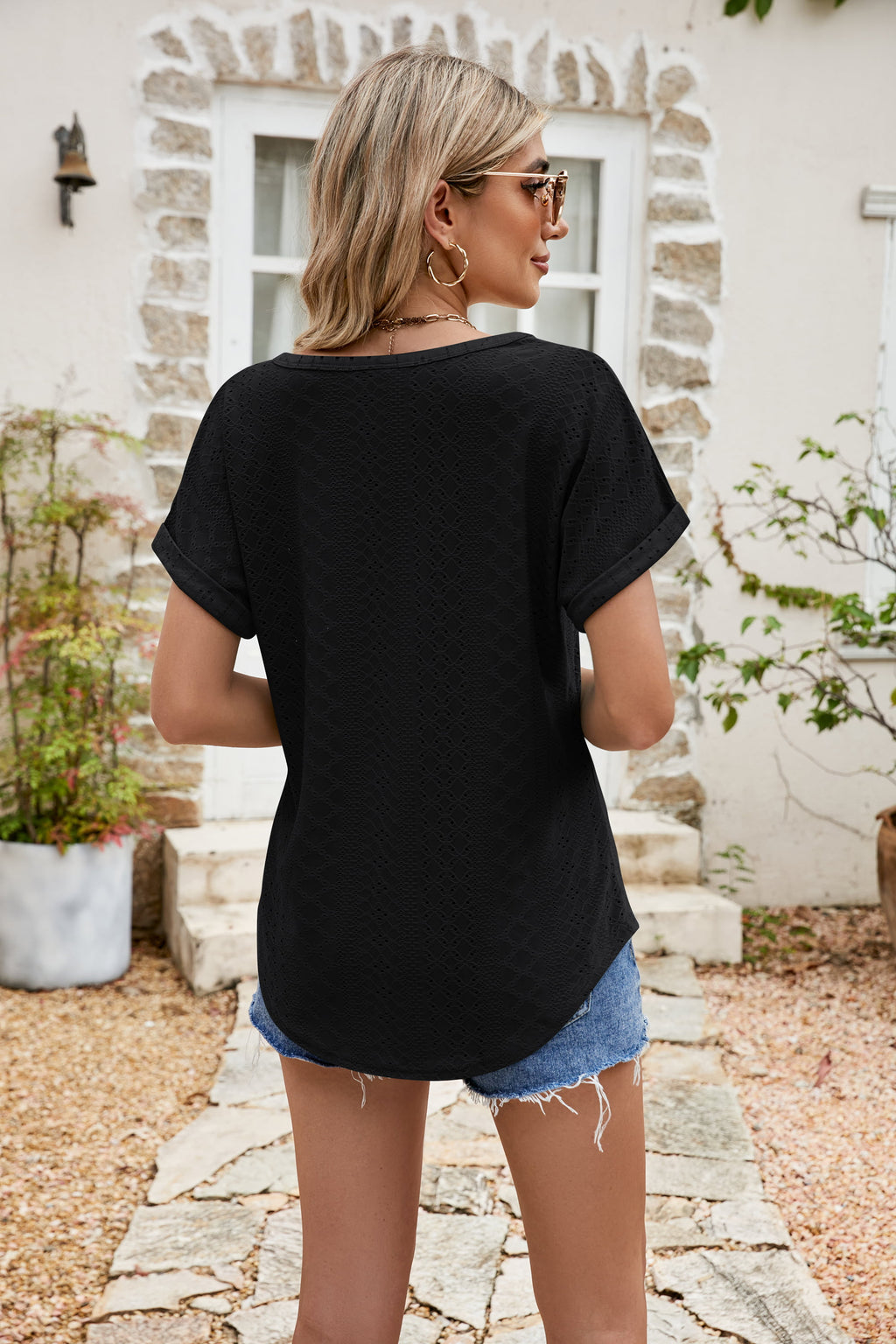 Full Size Round Neck Eyelet Short Sleeve Top (9)