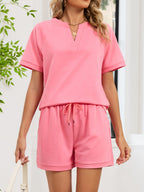 Notched Short Sleeve Top Shorts Set (4)