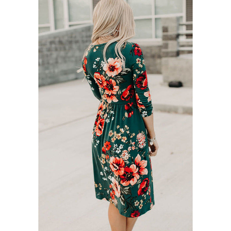 Printed Long Sleeve V-neck Pocket Dress photo 3