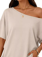 One-shoulder Short Sleeve Top Shorts Set (17)