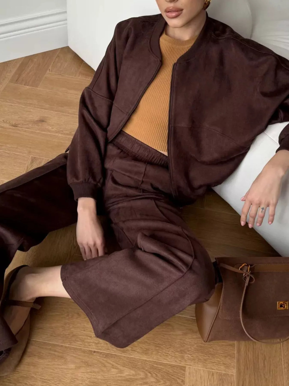 Zip Up Sweatshirt Wide-leg Pants Set (11)