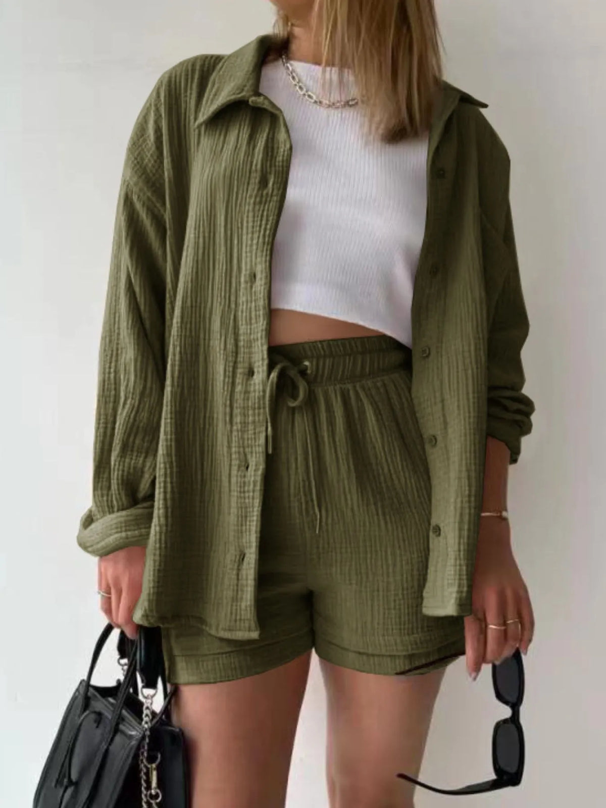 Textured Button Up Shirt Shorts Set (14)